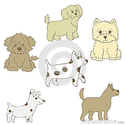 Vector illustration of a doggie six pieces. Different curly, smooth-haired, small. Vector Illustration